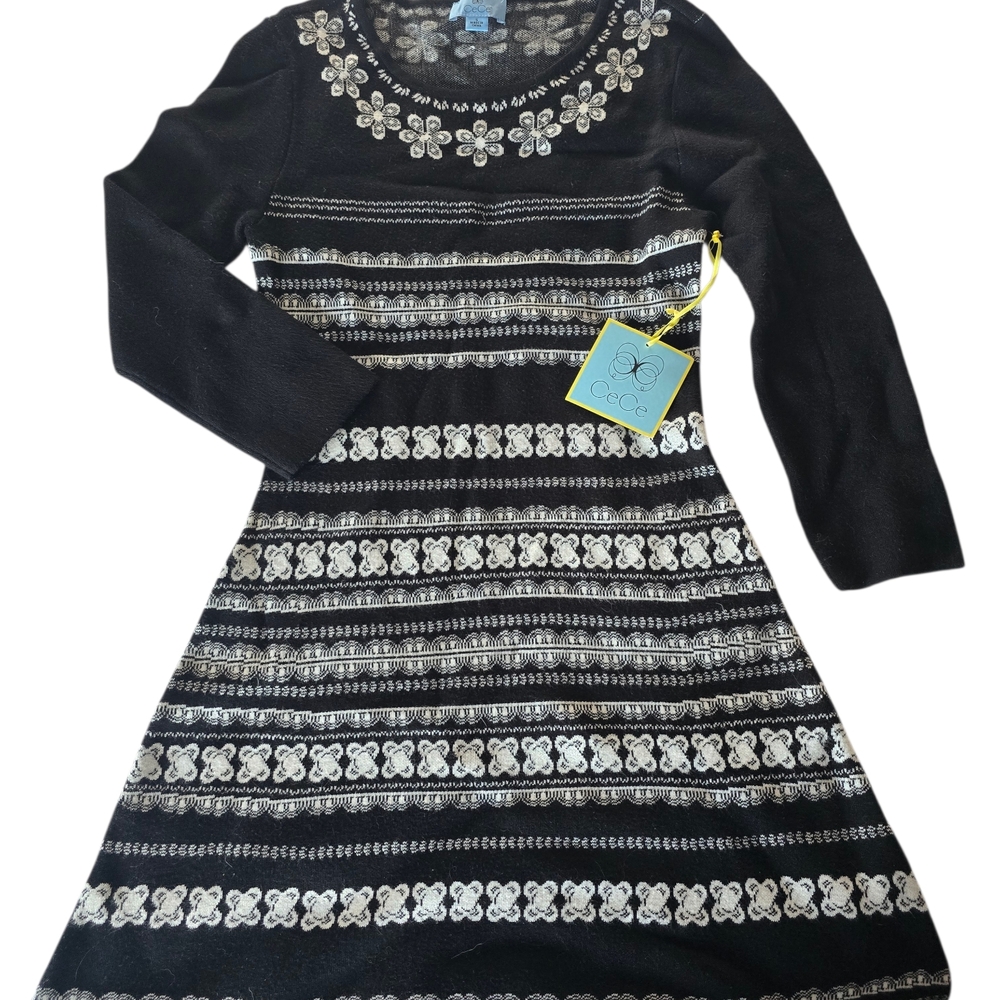 CeCe Elegant Black and White A-Line Jacquard Knit Dress Size Small NWT - Picture 4 of 9